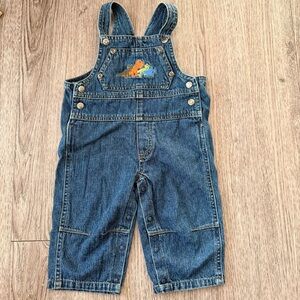 Vintage Y2K Please Mum Blue Denim baby Overalls with dinosaur embroidery size 6M